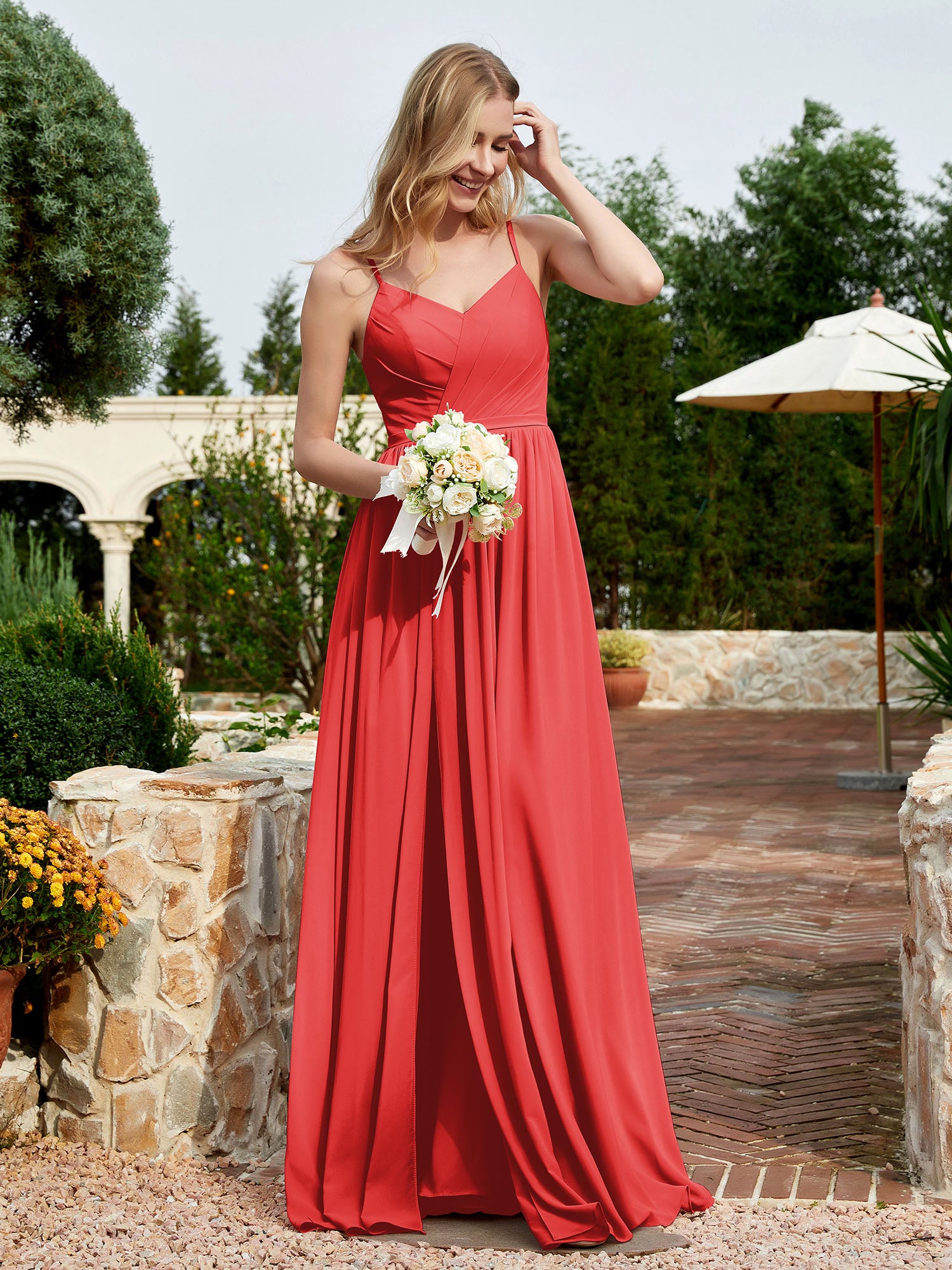 V-neck Spaghetti Straps Bridesmaid Dress With Slit Red